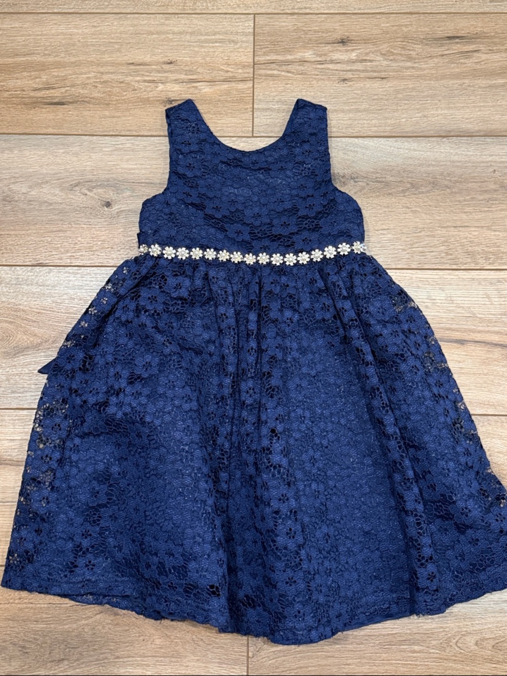 American Princess Navy Lace Dress with Pearl Floral Waistband - Sz. 5